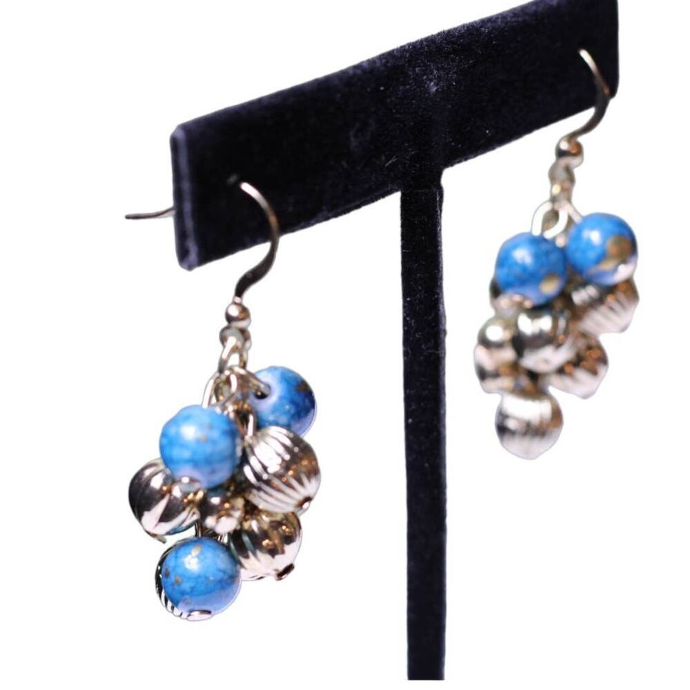 Gold Blue Beads Dangle Drop Fashion Earrings ~ NEW